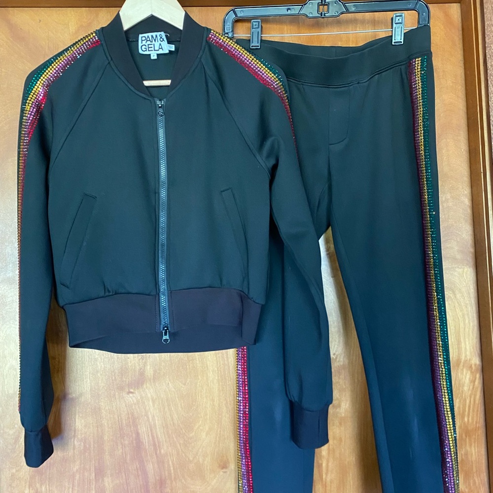 Rhinestone Track Suit set XS: Slim Ankle Pants & Bomber Jacket w crystal stripes